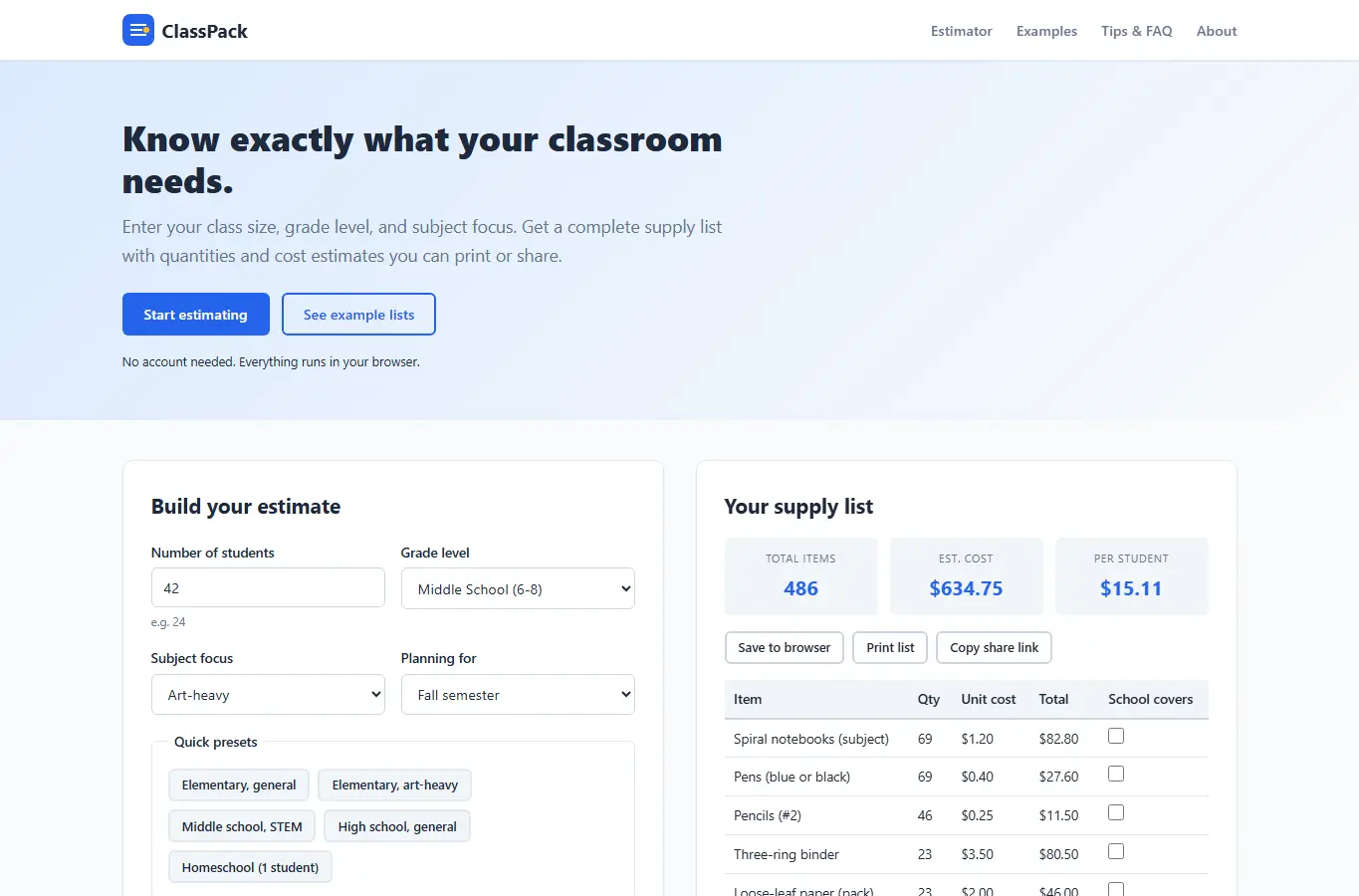 Screenshot of ClassPack: School Supply Estimator interface showing the project page in use